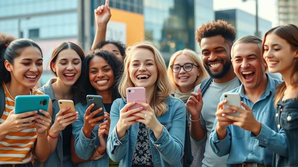 Energetic group of diverse young adults engaging with smartphones, capturing content, and reacting with excitement for TikTok marketing
