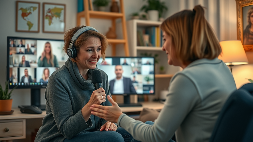 Empathetic reporter interviews a survivor via video call for a story on mental health, cozy home office for independent journalism online