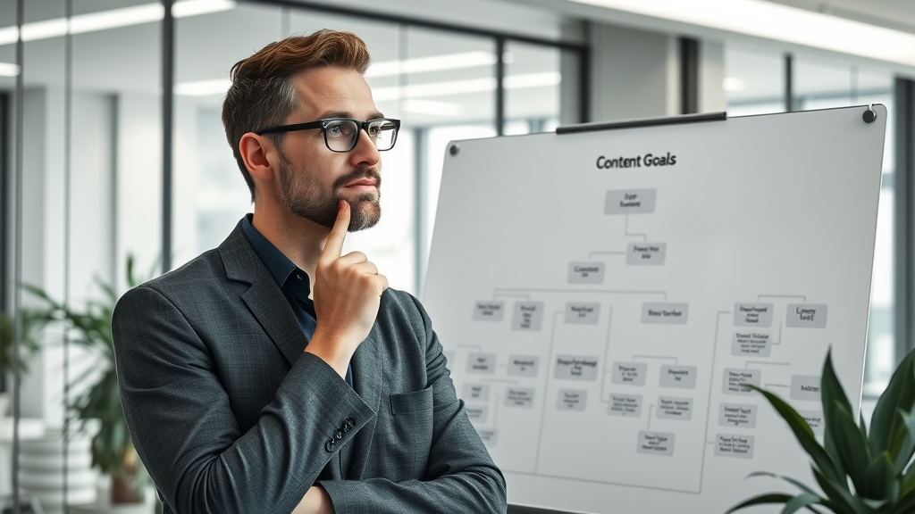 content strategy content creation process, marketer mapping content goals and illustrating strategy with a flowchart in a minimalist office