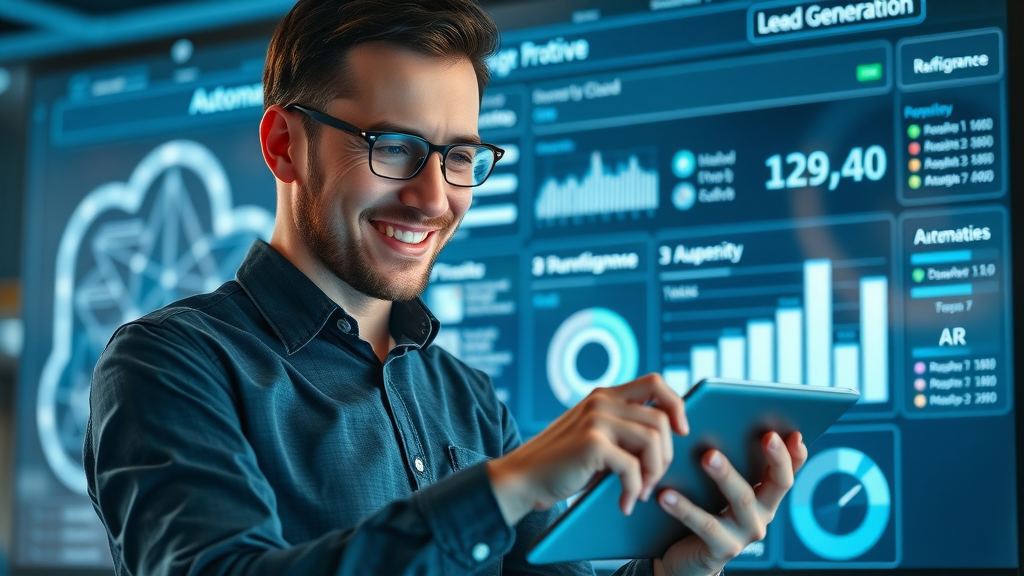 Modern marketer analyzes personalized automated lead generation dashboard, adjusting scalable strategy settings