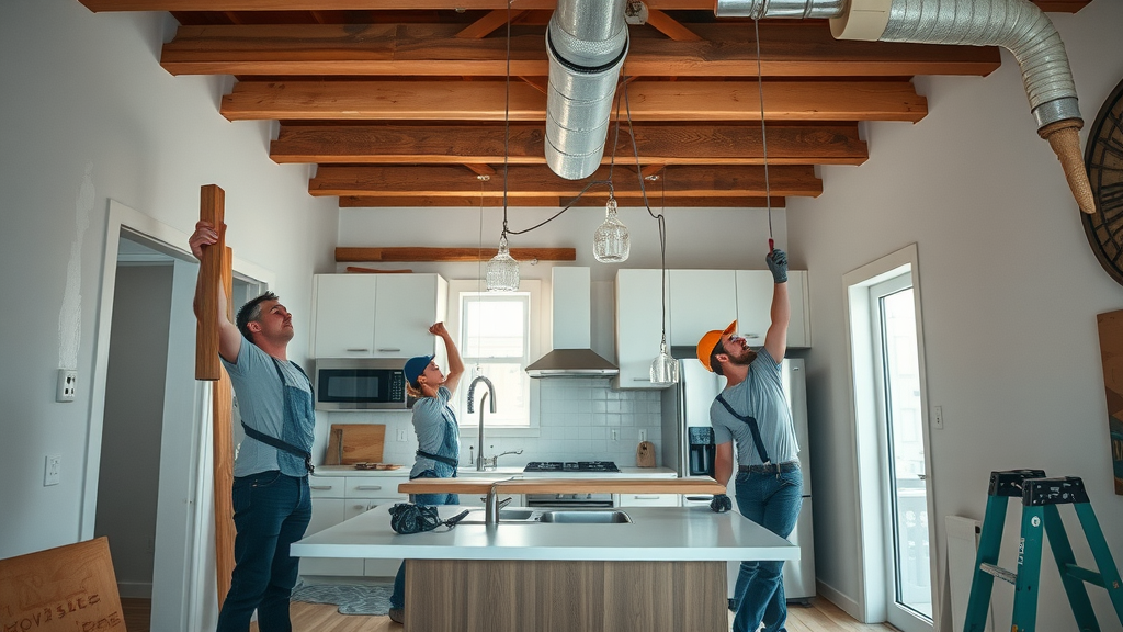 investment property tips: contractors remodel rental property with new kitchen appliances for higher cash flow