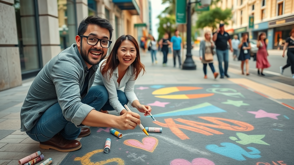 Creative small business team paints sidewalk chalk advertisement. Small business marketing with vibrant street art.