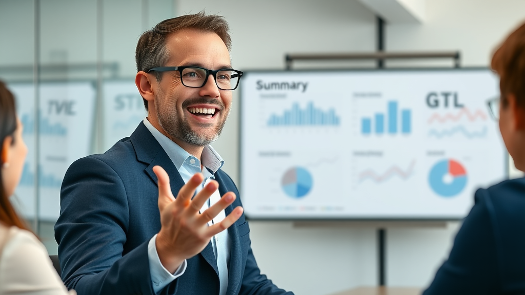 motivated business leader presenting outbound lead generation summary to team