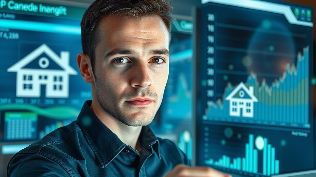precise data analyst overlaying real estate market analysis data and home price graphs in a futuristic workspace
