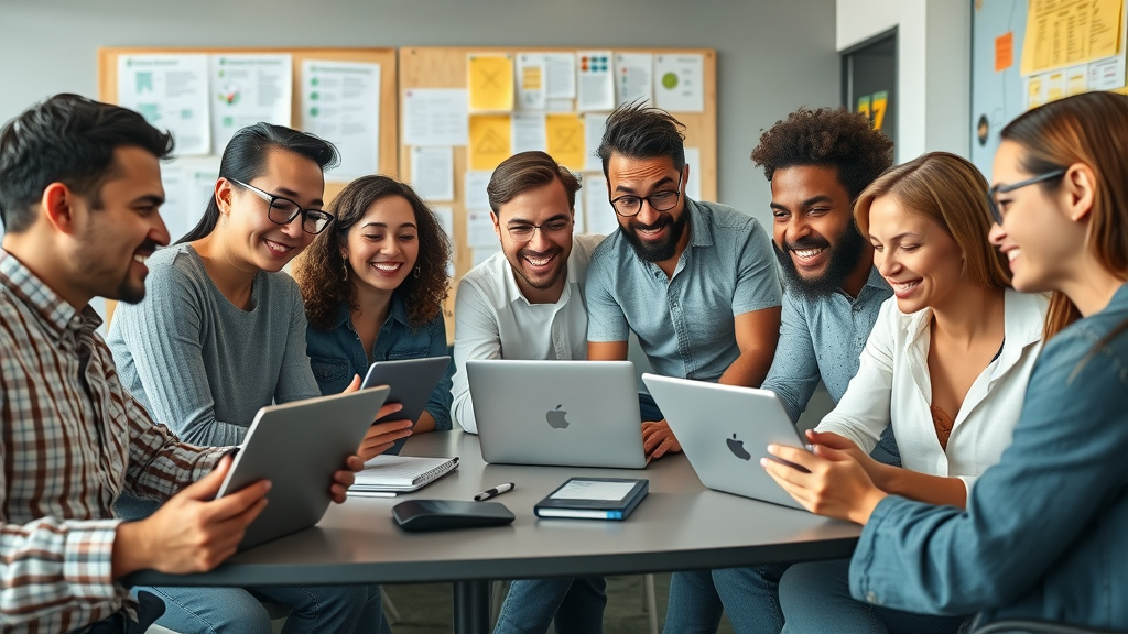 digital media independence creators planning strategies diverse group laptops teamwork modern workspace