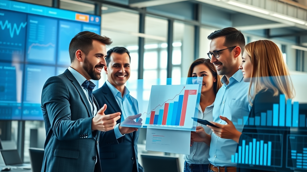 Lead generation tactics business team analyzing growth charts in a modern office with digital screens