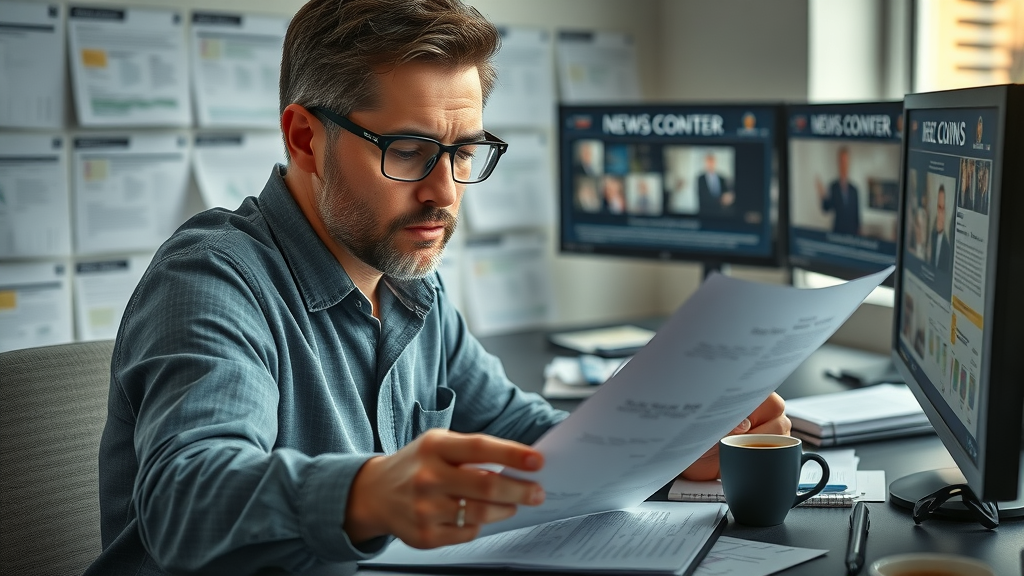 journalist fact-checking documents and online sources for trustworthy independent media outlets and websites