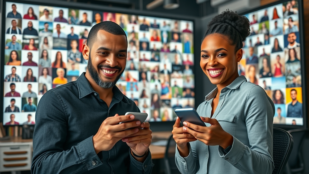 ugc platform dynamic collage of user-submitted photos and videos, positive and inspiring expressions, stylish urban workspace