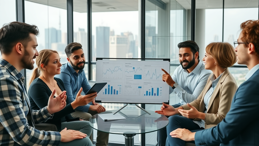 Traffic monetization strategies site map, digital marketing team strategy discussion, modern tech conference room