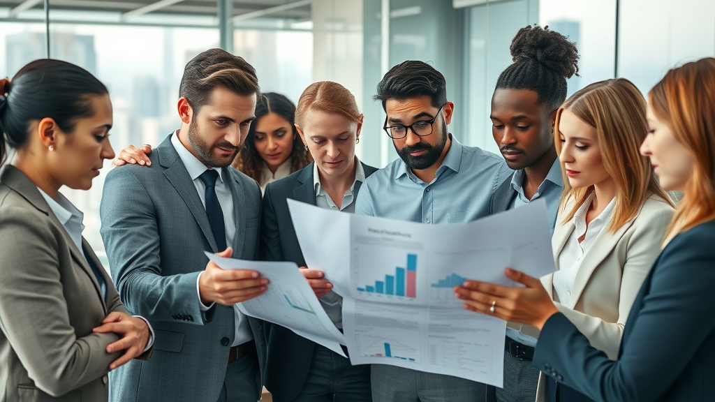 Diverse team of business professionals collaborating over real estate portfolio management charts and documents