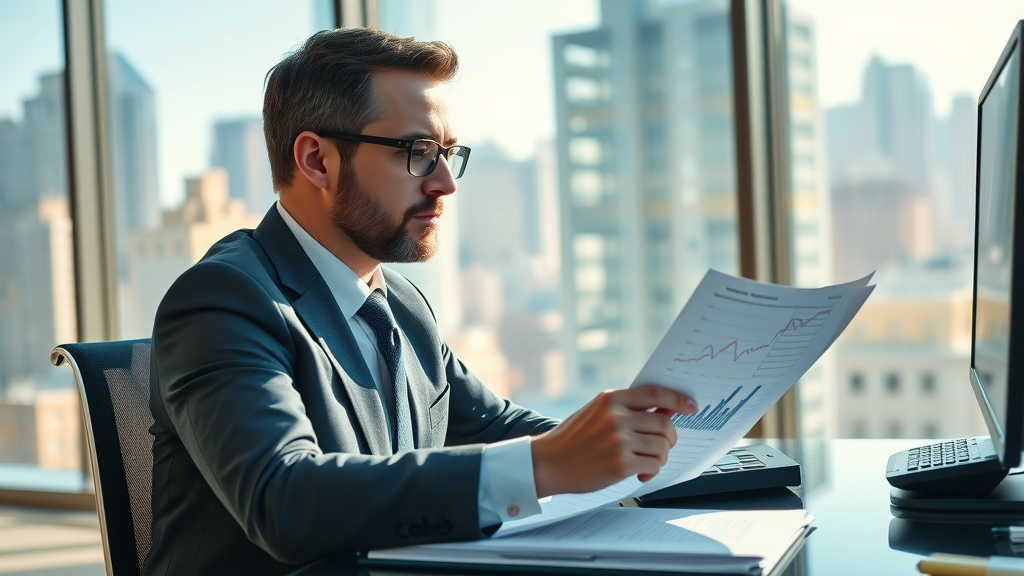 businessperson reviewing financial graphs to determine personalized real estate investment strategies, sitting at a modern desk with a city view