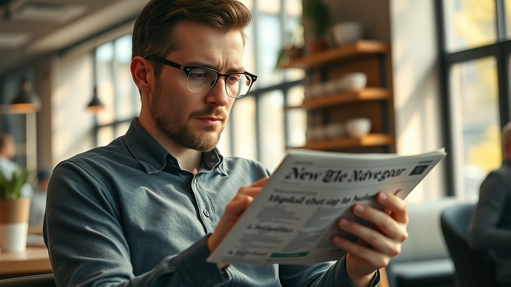 Thoughtful reader browsing independent journalism online on a tablet, comparing articles, natural daylight in coffee shop