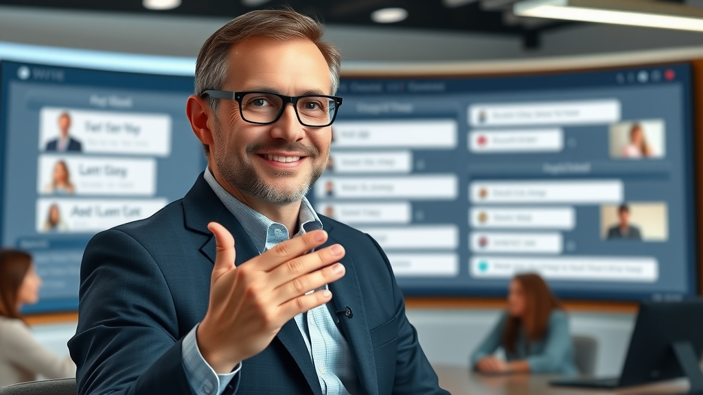 expert SEO consultant hosting FAQ session on media platform SEO strategies with digital board