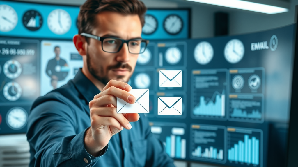 marketer organizing email automation workflow, focused, digital control hub with clocks and analytics