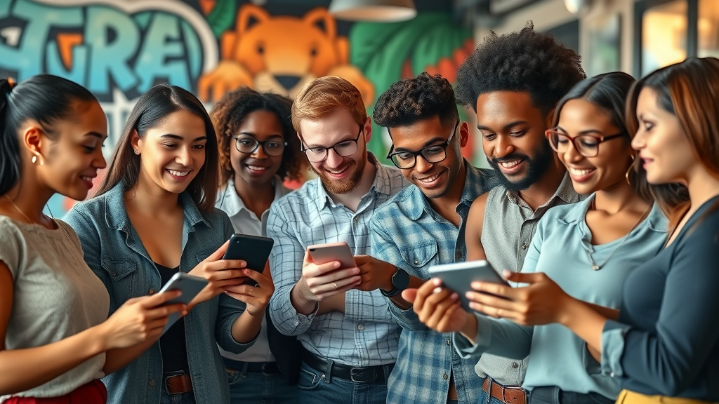 diverse young adults discussing independent media platforms vs websites in urban cafe with mural art