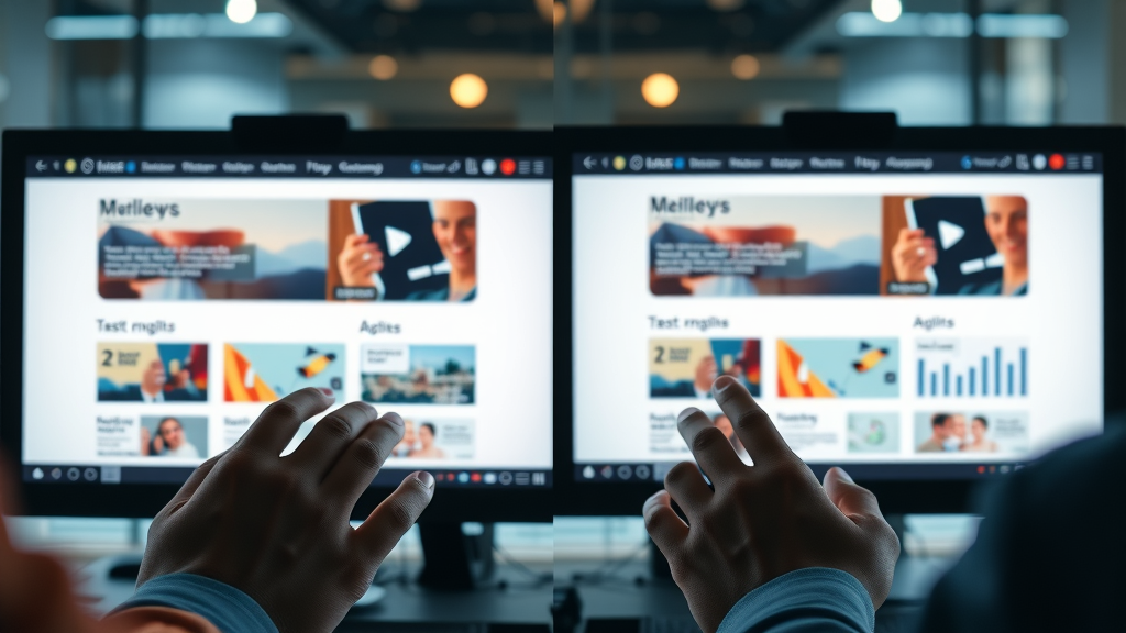 sleek website interface displayed side-by-side for A/B testing, inviting, interactive comparison, clear CTA buttons, modern digital environment, split screen, interactive elements, vibrant colors