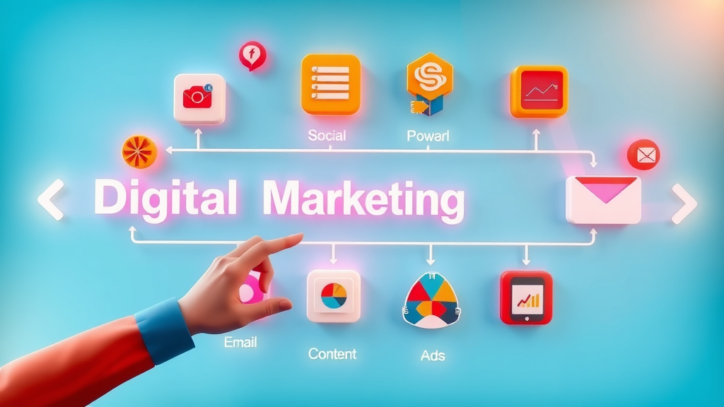 Digital marketing campaign strategy illustrated as a colorful 3D flowchart
