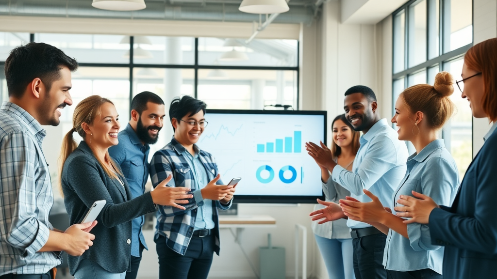 Dynamic marketing team collaborating on digital marketing leads strategies in a bright modern office workspace