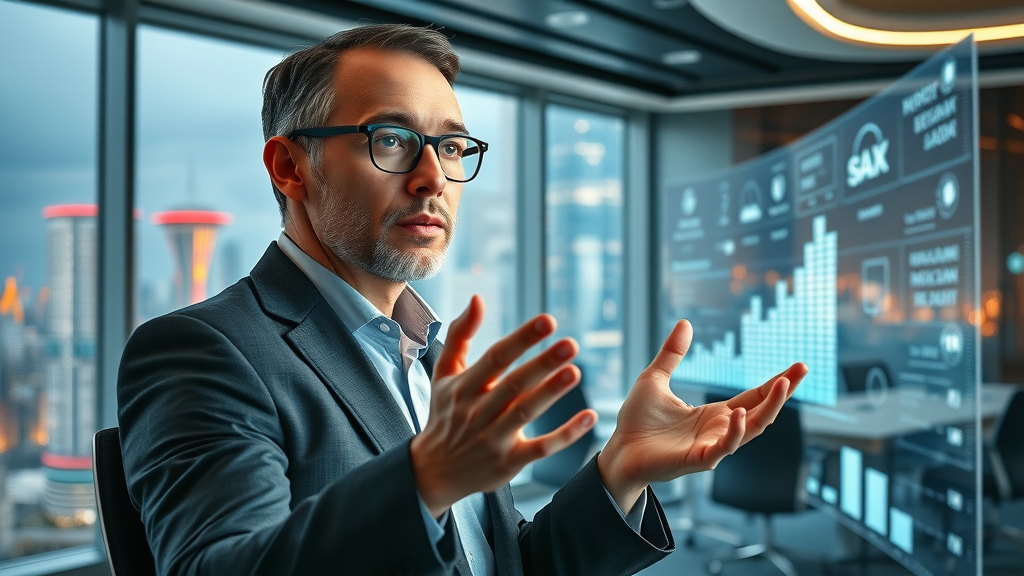 Marketing strategist interacting with futuristic holographic advertising dashboard, visualizing future trends in online advertising for small businesses.