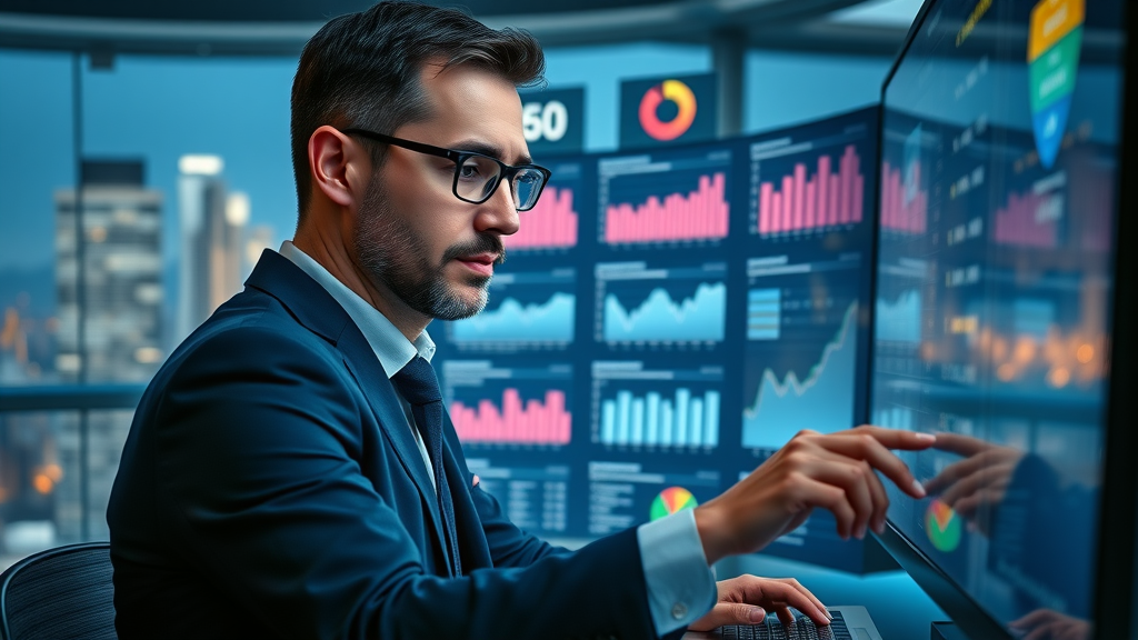 Digital marketing dashboard analyzing key strategy metrics in a high-tech workspace