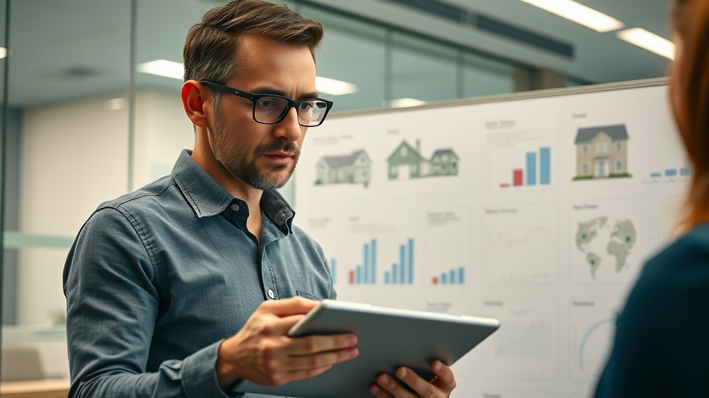 diligent researcher examining real estate market analysis graphs and neighborhood maps in a modern glass conference room