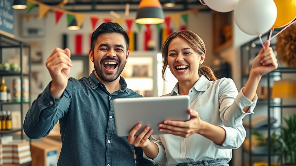 Small business couple celebrating a surge in sales after a successful online advertising campaign, showcasing business growth.