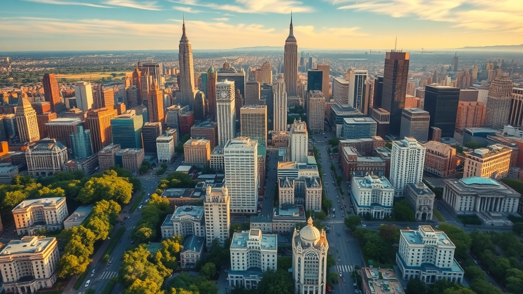 real estate investment strategies in a vivid aerial view of a diverse metropolitan skyline with vibrant neighborhoods, commercial districts, and parks during golden hour