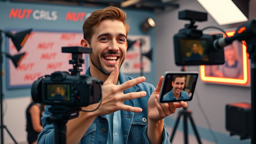 social media influencer filming affiliate marketing product review in studio with colorful lighting