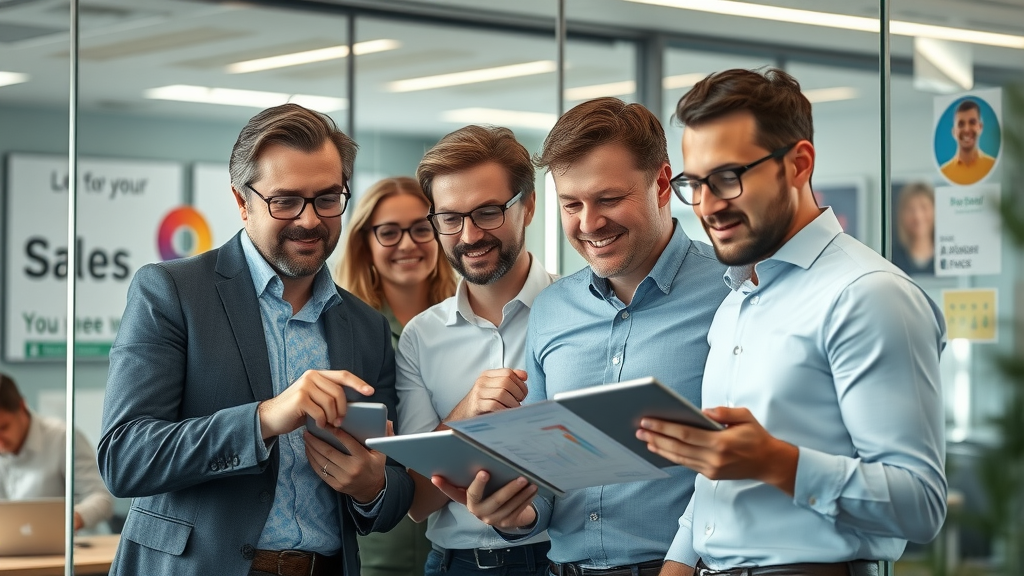 lead nurturing techniques team collaborating on sales data in a modern office, natural daylight, inspiring and detailed