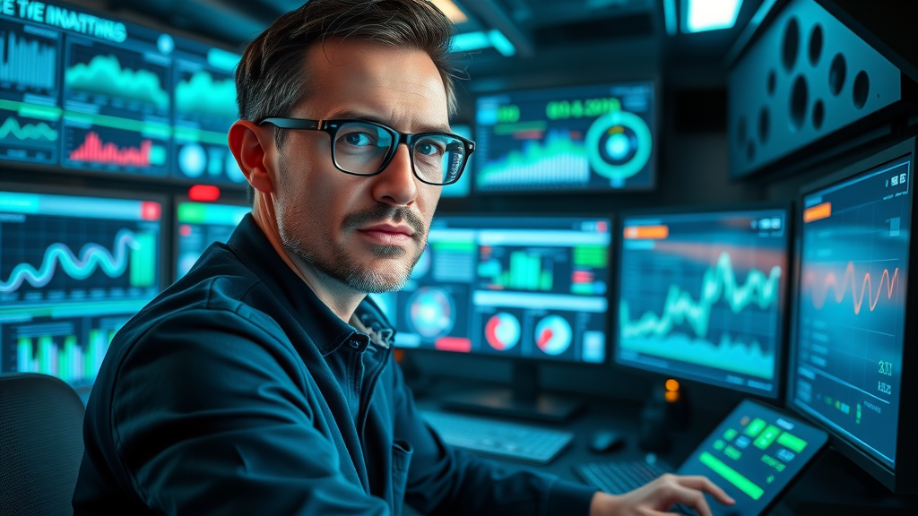 professional developer analyzing website-based media analytics in high-tech control room