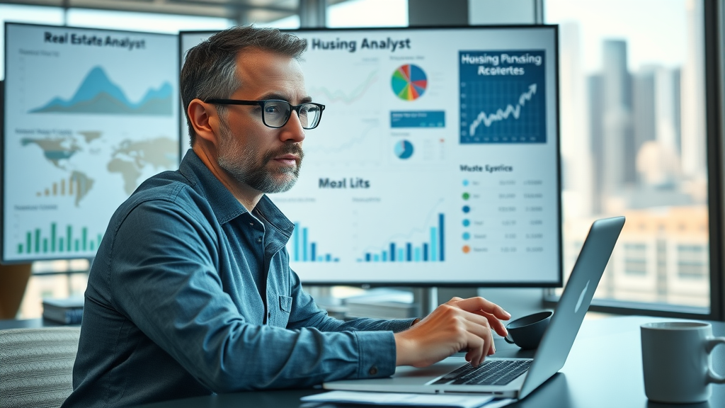 insightful real estate analyst reviewing housing data for real estate market analysis in a modern office, with charts and maps on a large screen