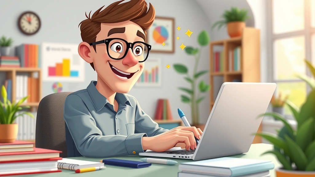 content marketer writing engaging blog post, lead magnets visible, creative home office with charts and books