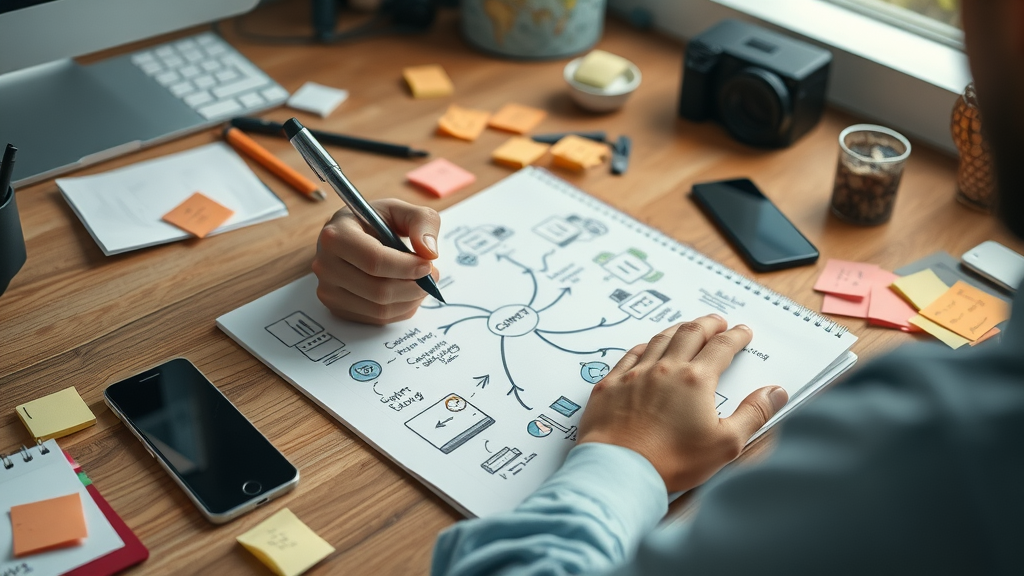 content creation process creative mind map, professional strategist sketching content ideas on notepad and digital tablet in an organized workspace