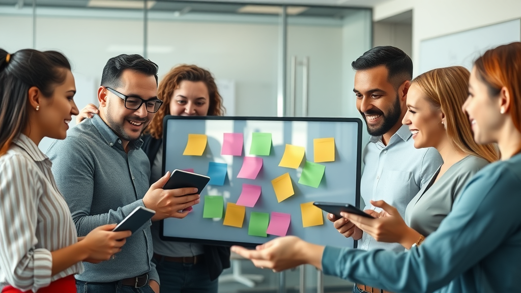 Digital content brainstorming professional team collaborating in modern creative office with sticky notes and tablets