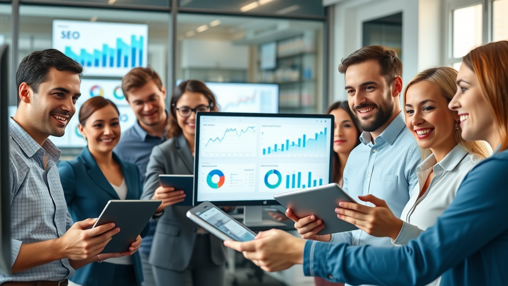 digital marketing team analyzing media platform SEO strategies data on screens in a modern office