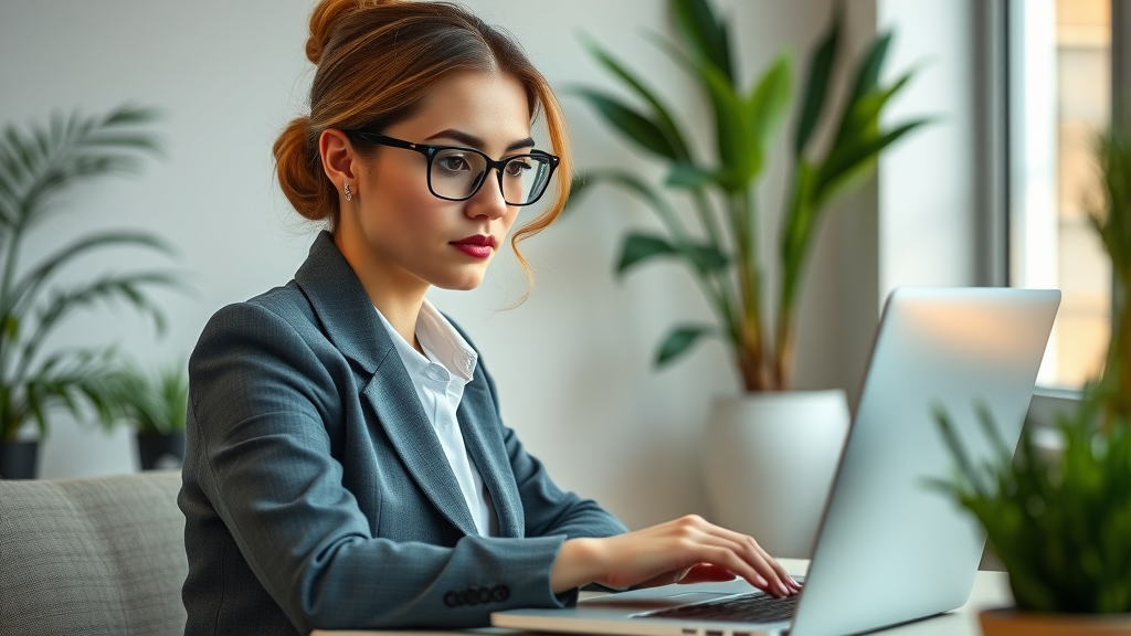 Professional businesswoman at laptop sets up email marketing campaign. Small business marketing automation in modern office.