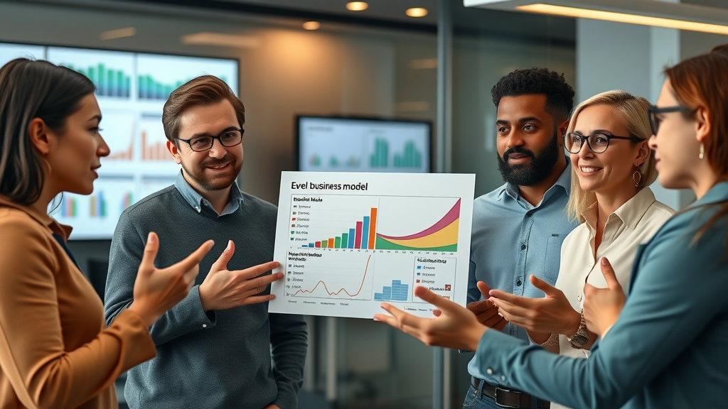 media independence business model diverse entrepreneurs reviewing revenue charts strategy in digital media