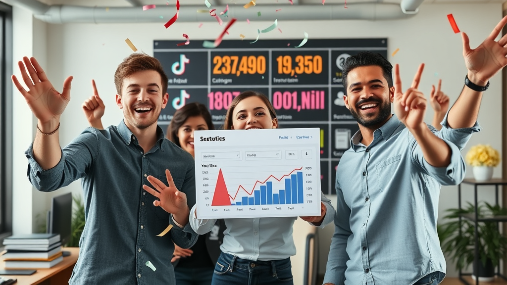 successful business team celebrating viral short-form video marketing results with digital dashboard metrics