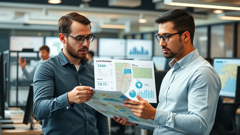 informative infographic local business owners examining digital maps and charts for local SEO statistics