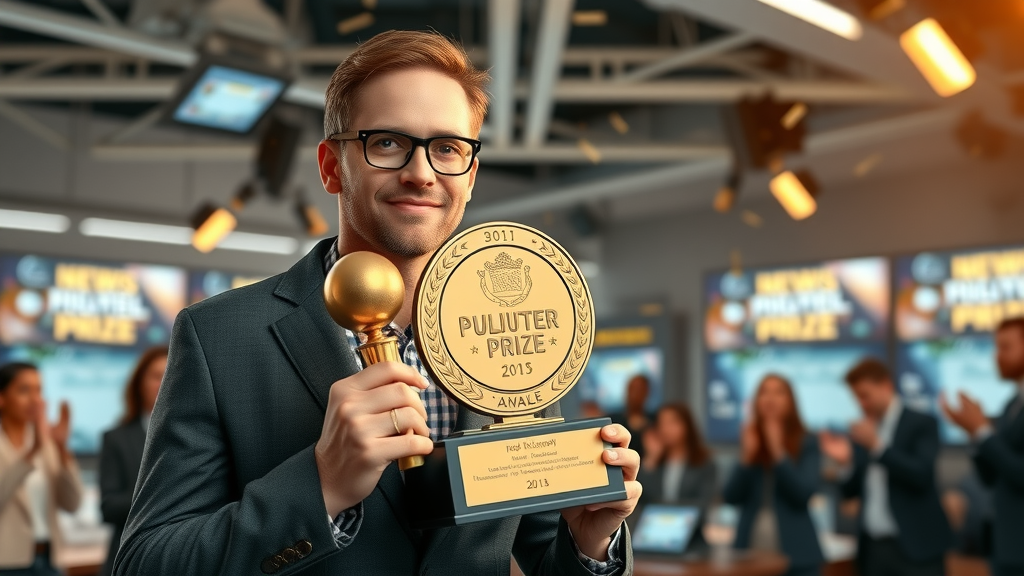 Confident journalist holds digital Pulitzer Prize trophy celebrating independent journalism online in a bright newsroom