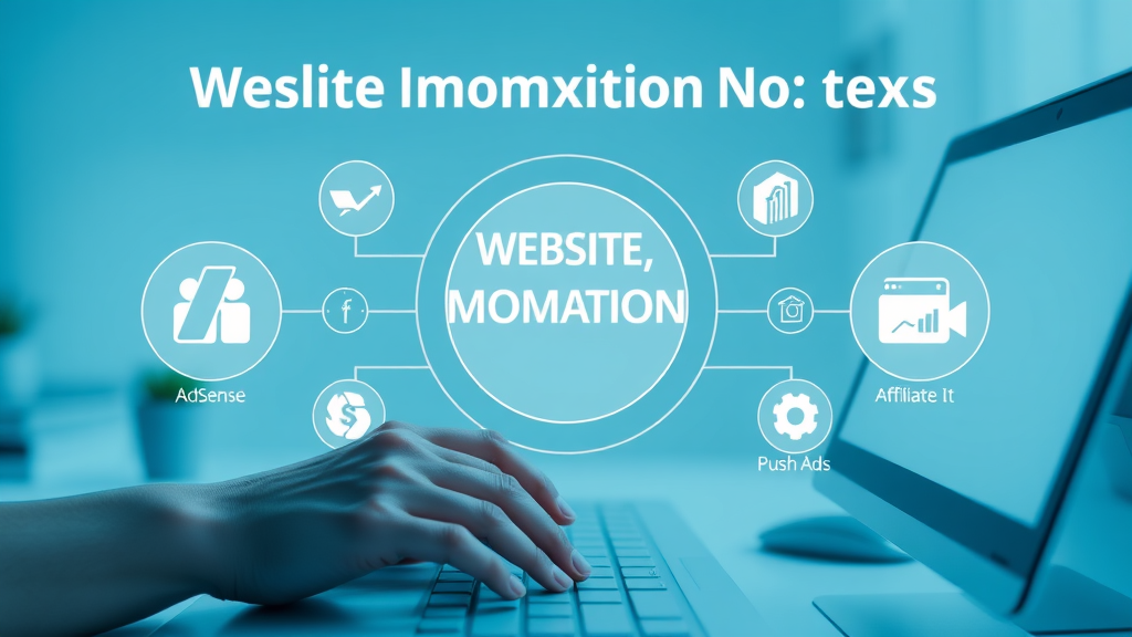 website monetization models with AdSense affiliate push ads icons, cool minimalist workspace
