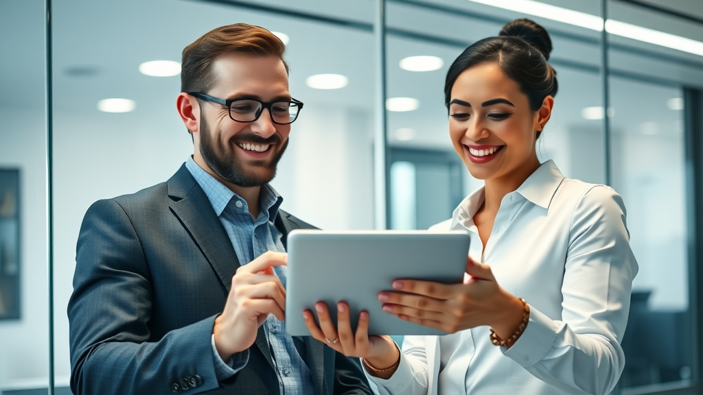 Confident real estate agent reviewing profits with mentor, tablet showing growth, real estate mentor benefits