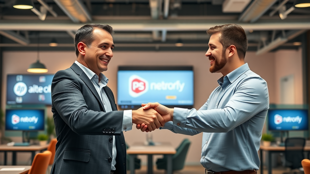 Traffic monetization strategies publisher meeting ad network executives, handshake partnership, coworking office, digital screens, network logos