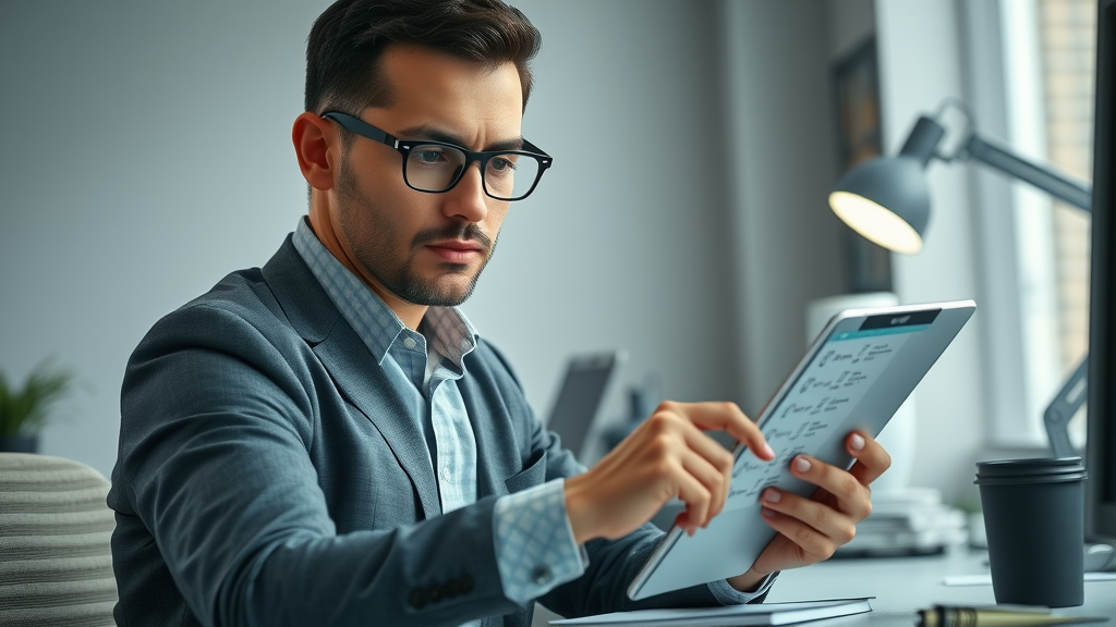 Professional checking off a digital checklist to activate media platform advantages, modern workspace and digital tools