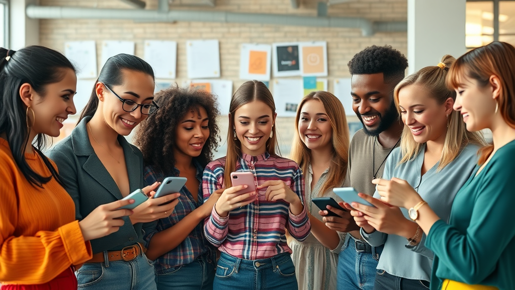 Group of diverse influencers collaborating on Instagram reels in a trendy office setting