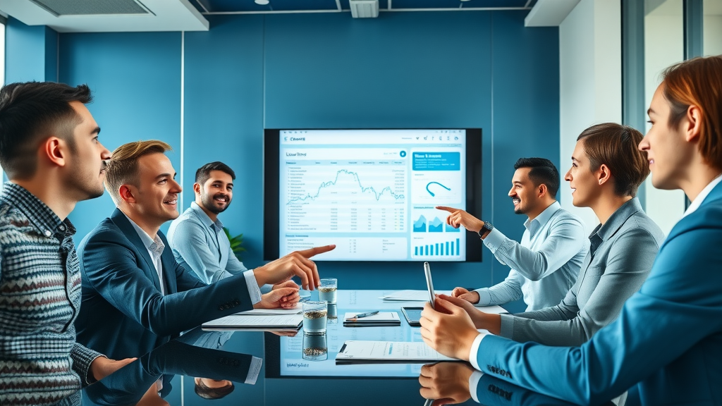 sales and marketing team reviewing inbound lead data on large screen, motivated, conference room