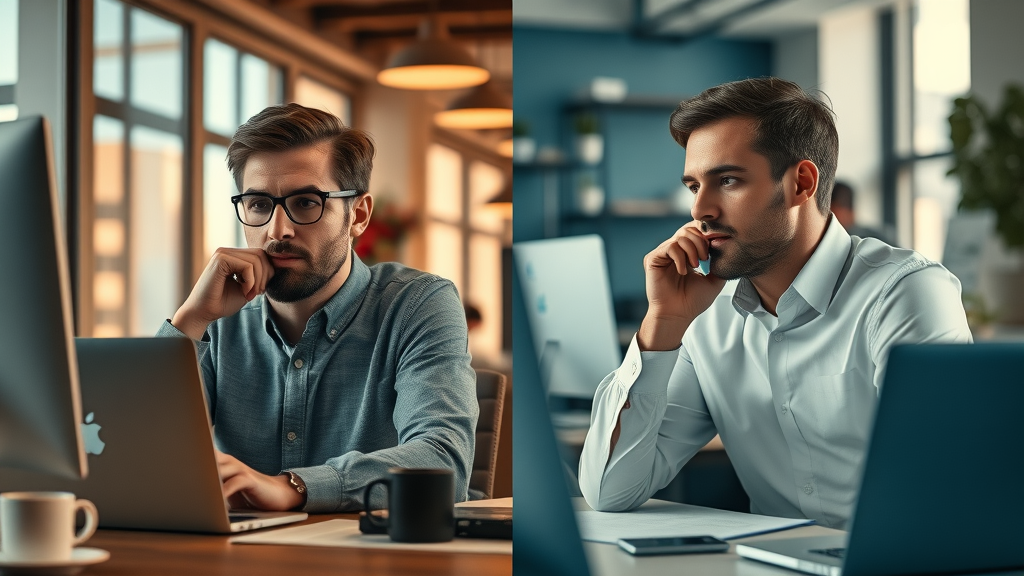 split scene of marketers using inbound versus outbound lead generation strategies, dynamic office, content vs cold calling