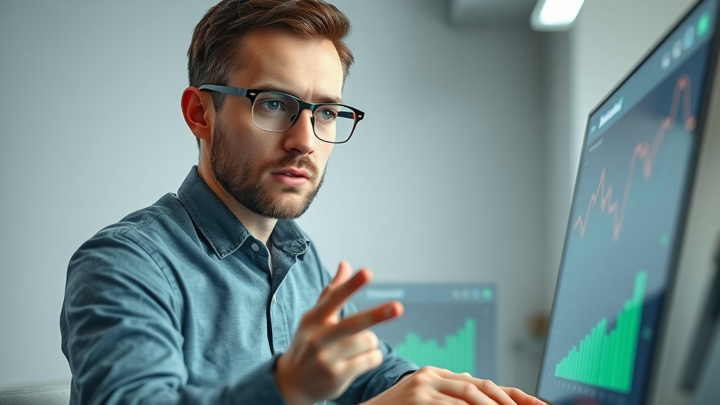 SEO specialist reviewing search engine dashboard, highlighting keyword rankings, organic traffic graphs