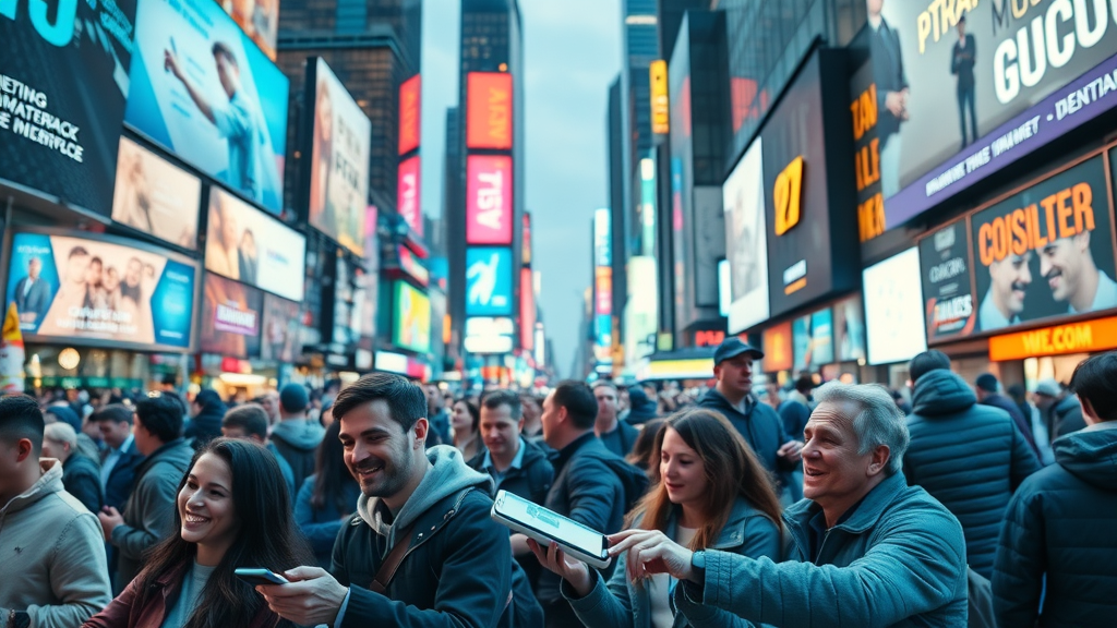 Global digital marketplace showcasing media platform advantages, energetic crowd engaging with digital devices, cityscape with digital billboards