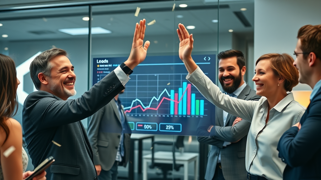 Business team celebrating successful increase in digital marketing leads with a digital dashboard in agency office